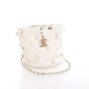 CHANEL Cream Quilted Pearl Bucket Bag with Chain